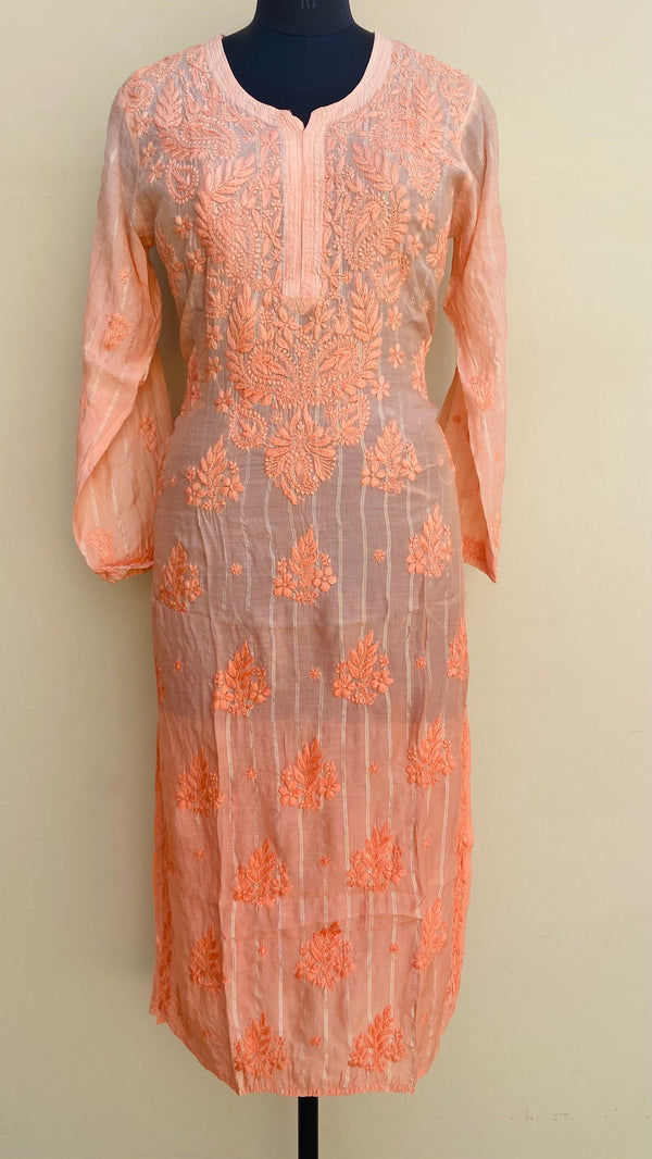 Lucknowi Chikankari Kurti Peach Ombre Muslin Cotton with Self work