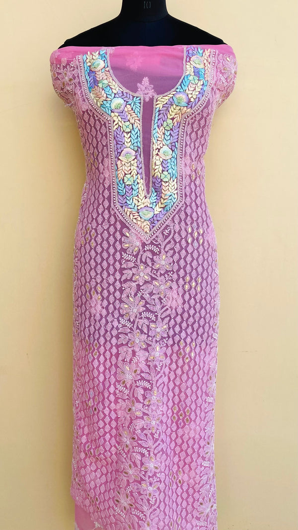 Lucknowi Chikankari Kurta Length Pink Georgette With Parsi Work & Gotta Patti Work