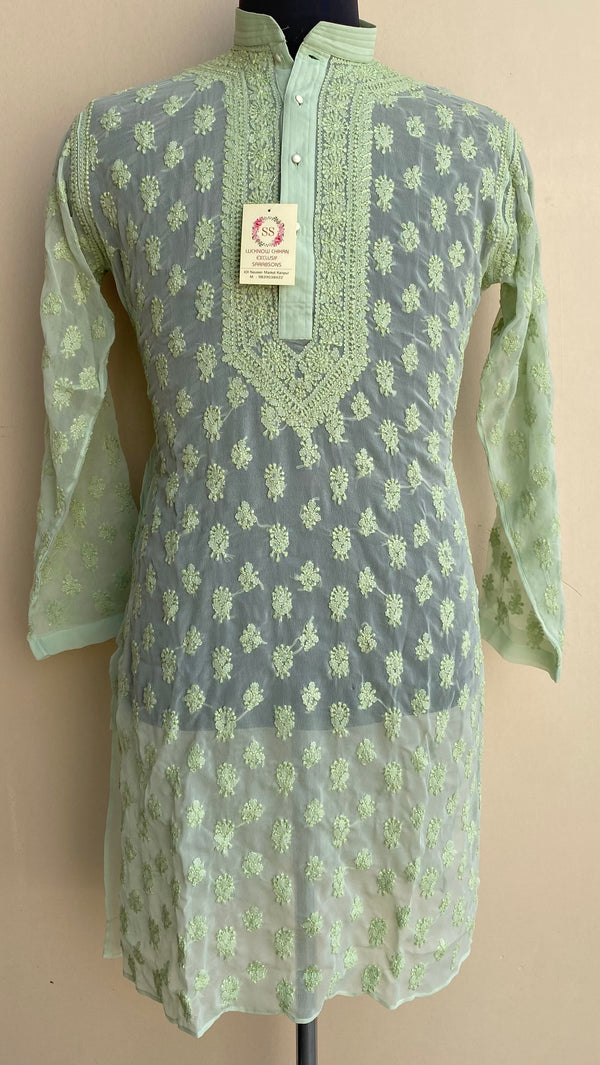 Lucknowi Chikankari Men’s Kurta Pista Green Georgette