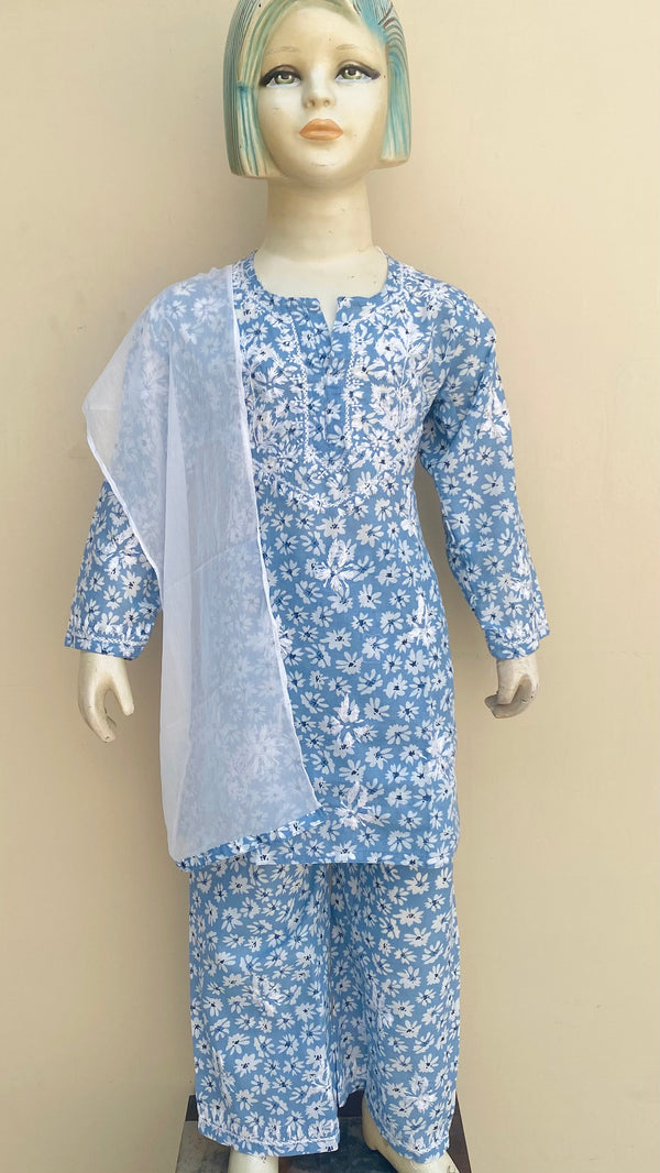 Lucknowi Chikankari Girls Suit 3 Piece Powder Blue Cotton