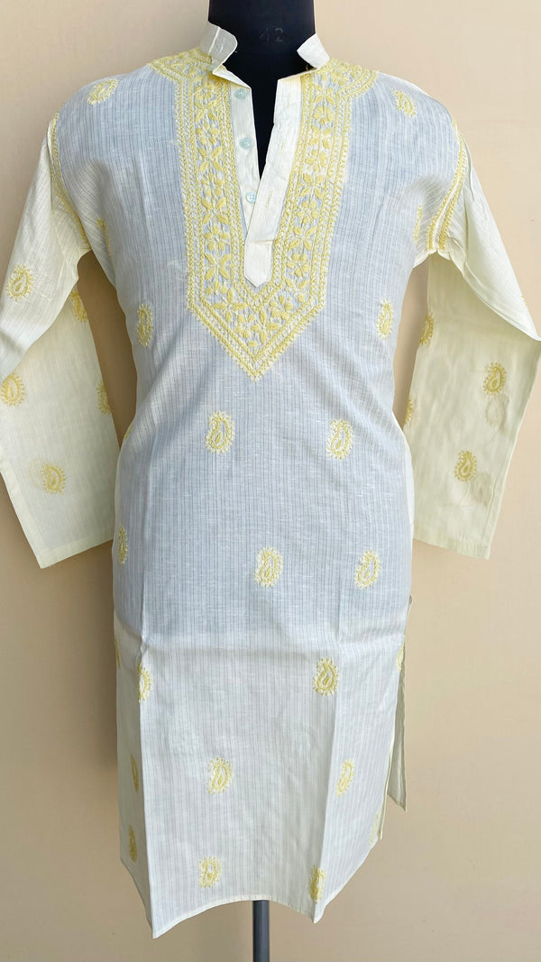 Lucknowi Chikankari Men’s Kurta Lemon Yellow Cotton