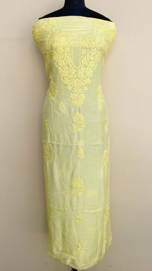 Lucknowi Chikankari Kurta Length Lemon Yellow Muslin