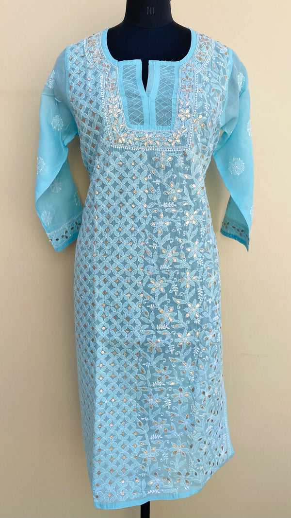 Lucknowi Chikankari Kurti Blue Cotton With Gotta Patti Work