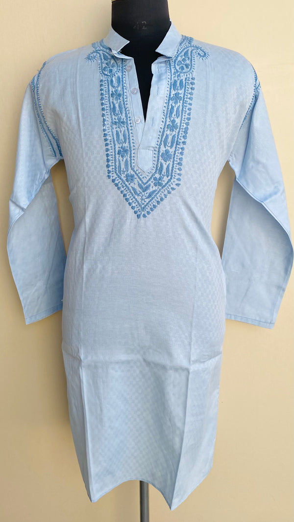 Lucknowi Chikankari Men’s Kurta Blue Cotton