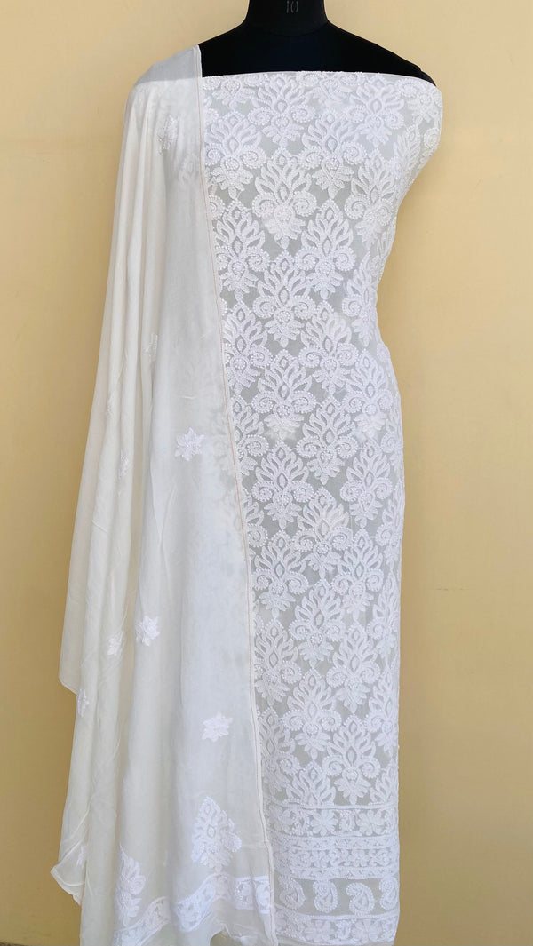 Lucknowi Chikankari Suit Length 2 Piece White Pure Georgette