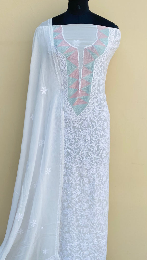 Lucknowi Chikankari Suit Length 2 Piece White Pure Georgette With Cut Dana Work