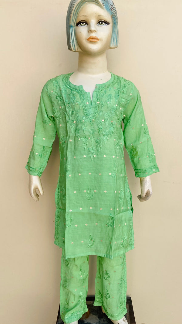 Lucknowi Chikankari Girls Suit 2 Piece Green Mal Chanderi