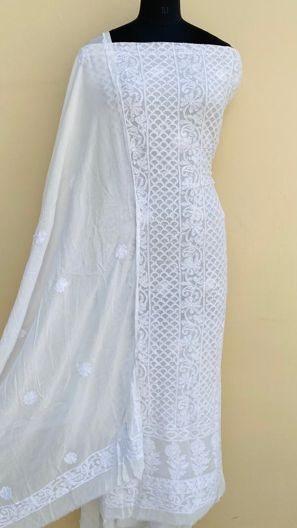 Lucknowi Chikankari Suit Length 2 Piece White Pure Georgette