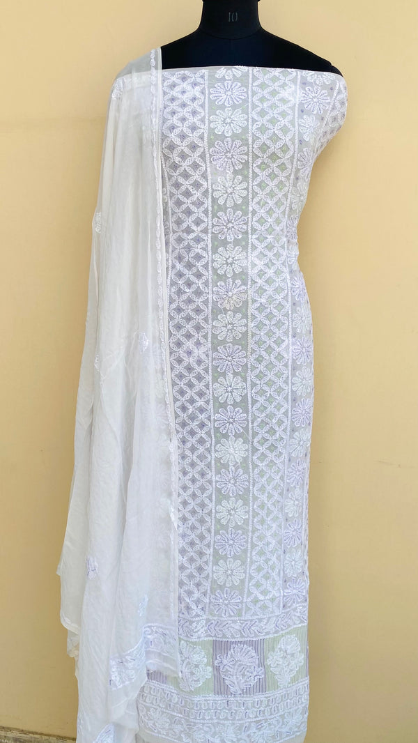 Lucknowi Chikankari Suit Length 2 Piece White Pure Georgette With Cut Dana Work