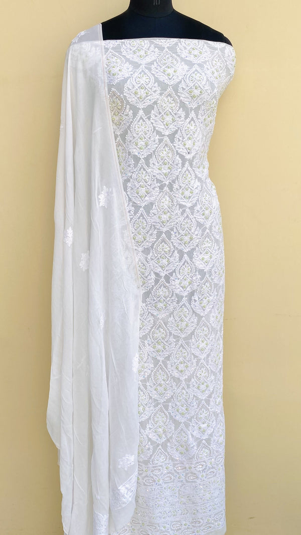 Lucknowi Chikankari Suit Length 2 Piece White Pure Georgette With Pearl Work