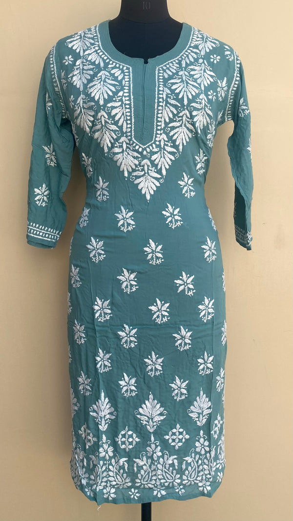 Lucknowi Chikankari Kurti Teal Green Modal Cotton