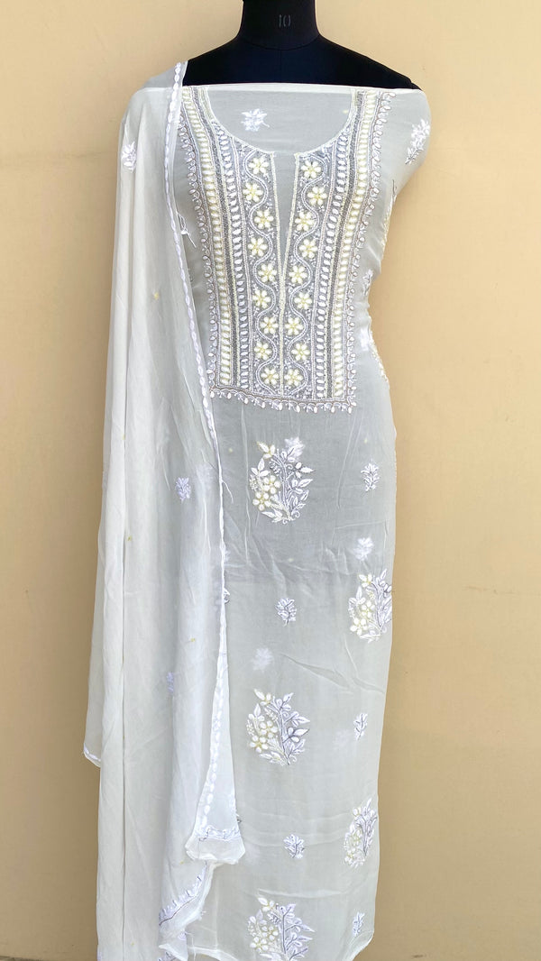 Lucknowi Chikankari Suit Length 2 Piece White Pure Georgette With Cut Dana Work