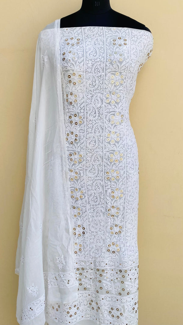 Lucknowi Chikankari Suit Length 2 Piece White Pure Georgette With Mukaish Work