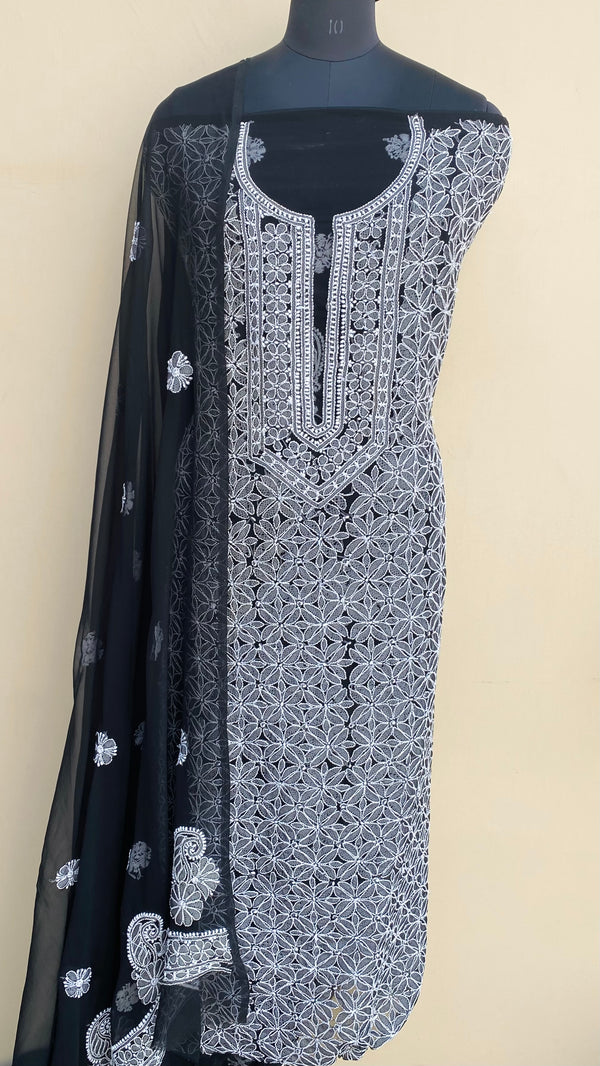 Lucknowi Chikankari Suit Length 3 Piece Black Georgette