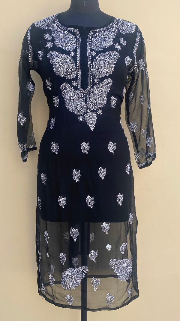 Lucknowi Chikankari Kurti Black Faux Georgette