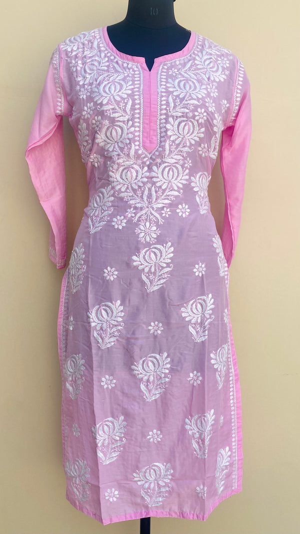 Lucknowi Chikankari Kurti Pink Muslin Cotton