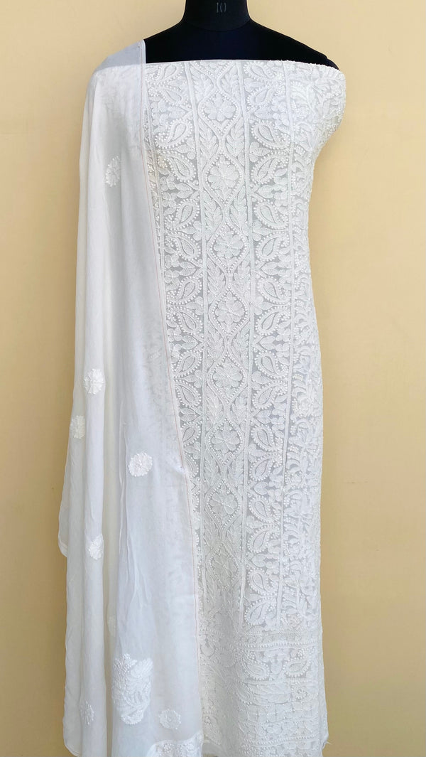 Lucknowi Chikankari Suit Length 2 Piece White Pure Georgette