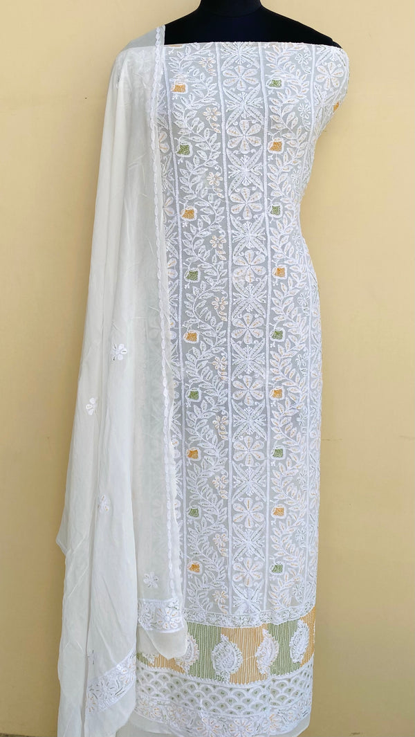 Lucknowi Chikankari Suit Length 2 Piece White Pure Georgette With Cut Dana Work