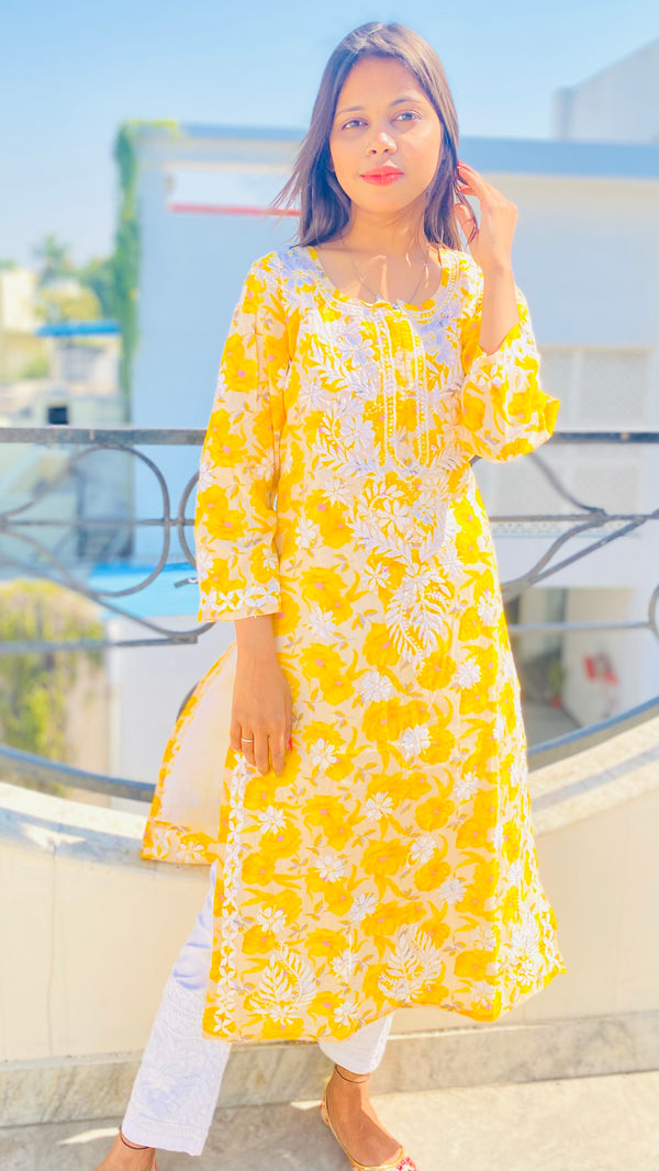Lucknowi Chikankari Kurti Yellow Mulmul Cotton