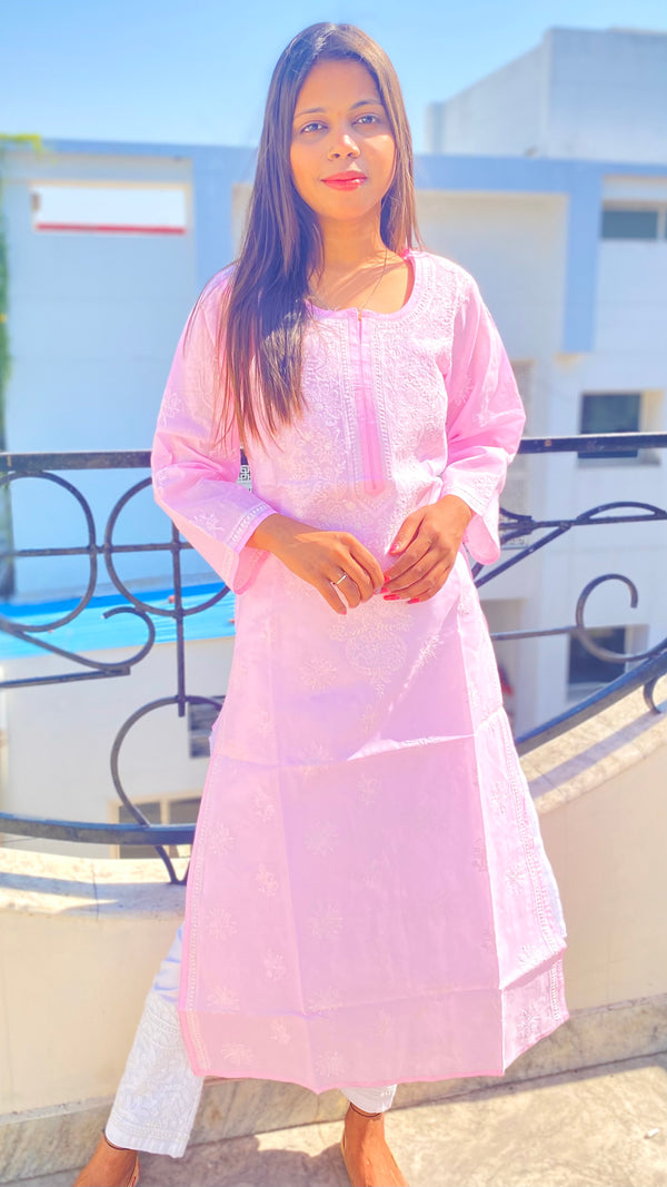 Lucknowi Chikankari Kurti Pink Cotton