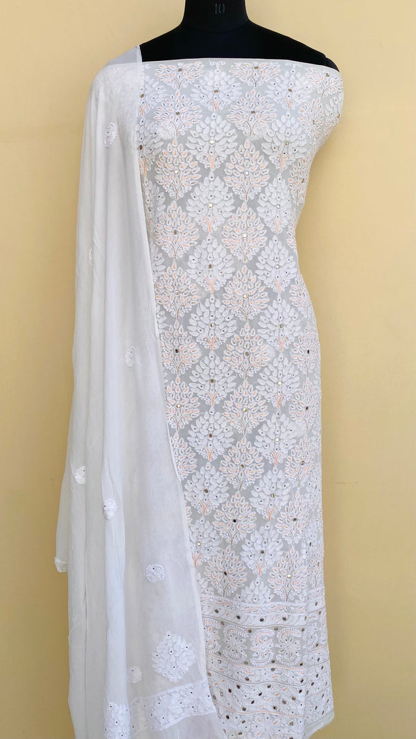 Lucknowi Chikankari Suit Length 2 Piece White Pure Georgette With Mukaish Work And Mirror Work