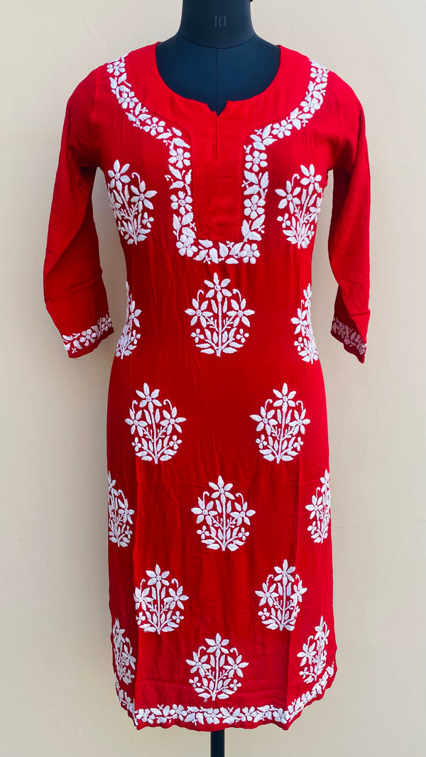 Lucknowi Chikankari Kurti Red Modal Cotton