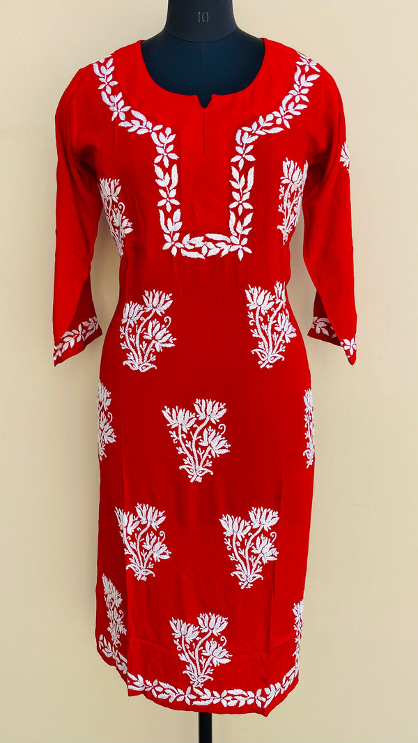Lucknowi Chikankari Kurti Red Modal Cotton