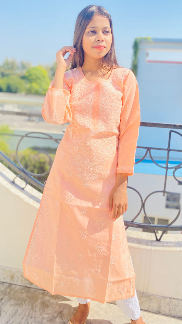 Lucknowi Chikankari Kurti Peach Cotton