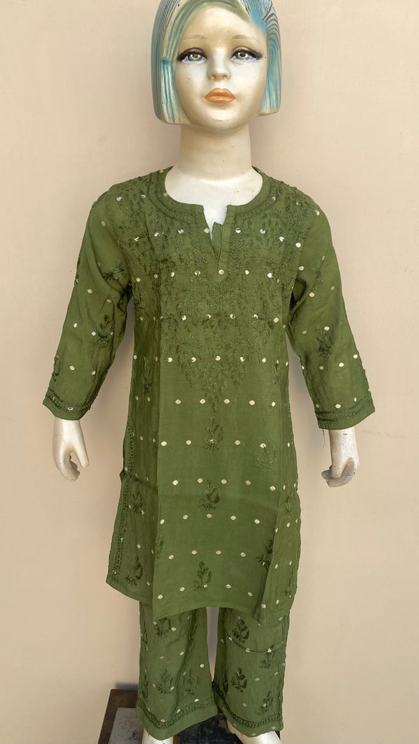 Lucknowi Chikankari Girls Suit 2 Piece Bottle Green Mal Chanderi