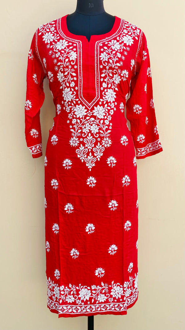 Lucknowi Chikankari Kurti Red Modal Cotton