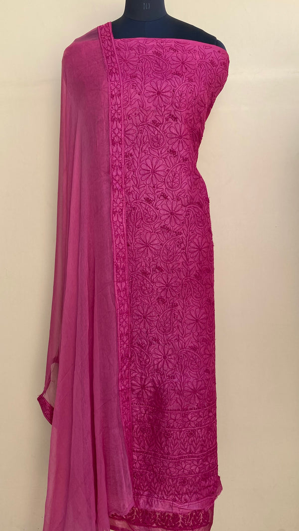 Lucknowi Chikankari Suit Length 3 Piece Wine Pure Silk