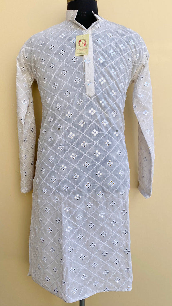 Chikankari Men’s Kurta White Georgette With Mirror Work