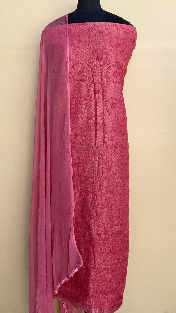 Lucknowi Chikankari Suit Length 3 Piece Pink Pure Silk