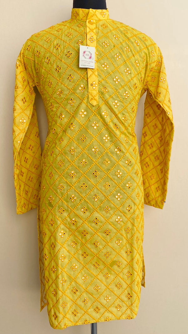 Chikankari Men’s Kurta Yellow Georgette With Mirror Work