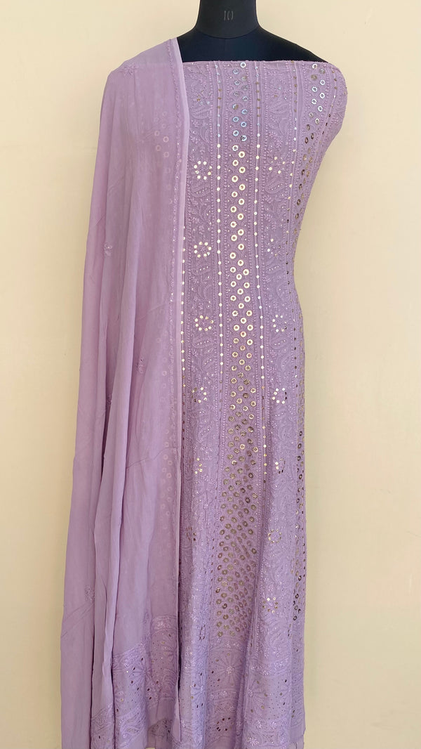 Lucknowi Chikankari Anarkali Suit Length 2 Piece Mauve Pure Georgette With Mukaish Work