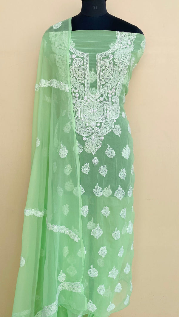 Lucknowi Chikankari Suit Length 3 Piece Green Georgette