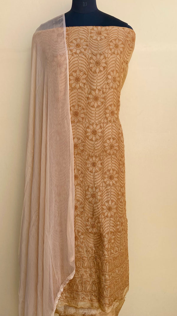 Lucknowi Chikankari Suit Length 3 Piece Golden Brown Pure Silk