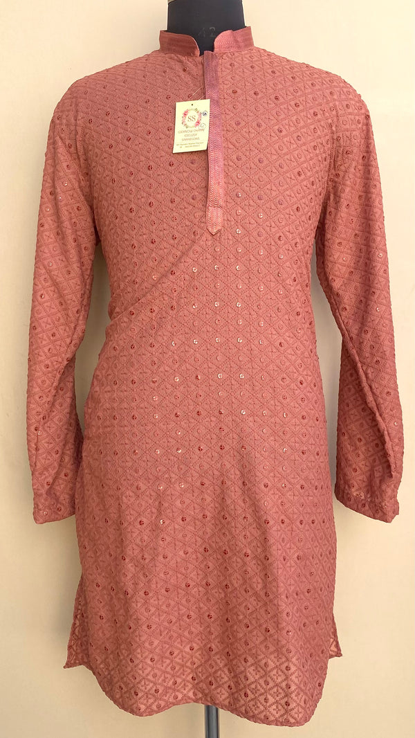 Chikankari Men’s Kurta Rust Soft Cotton With Sequence Work