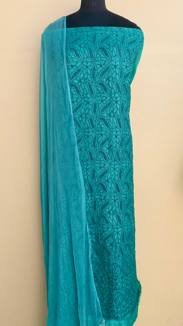 Lucknowi Chikankari Suit Length 3 Piece Sea Green Pure Silk