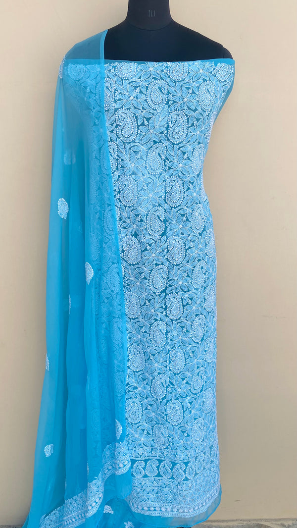 Lucknowi Chikankari Suit Length 3 Piece Blue Georgette