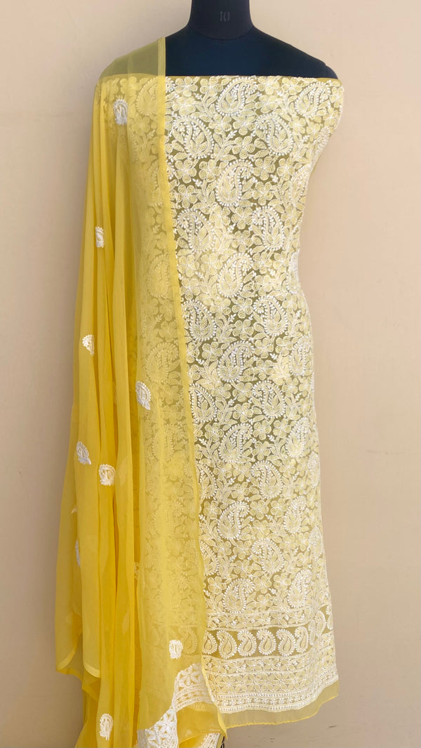 Lucknowi Chikankari Suit Length 3 Piece Yellow Georgette