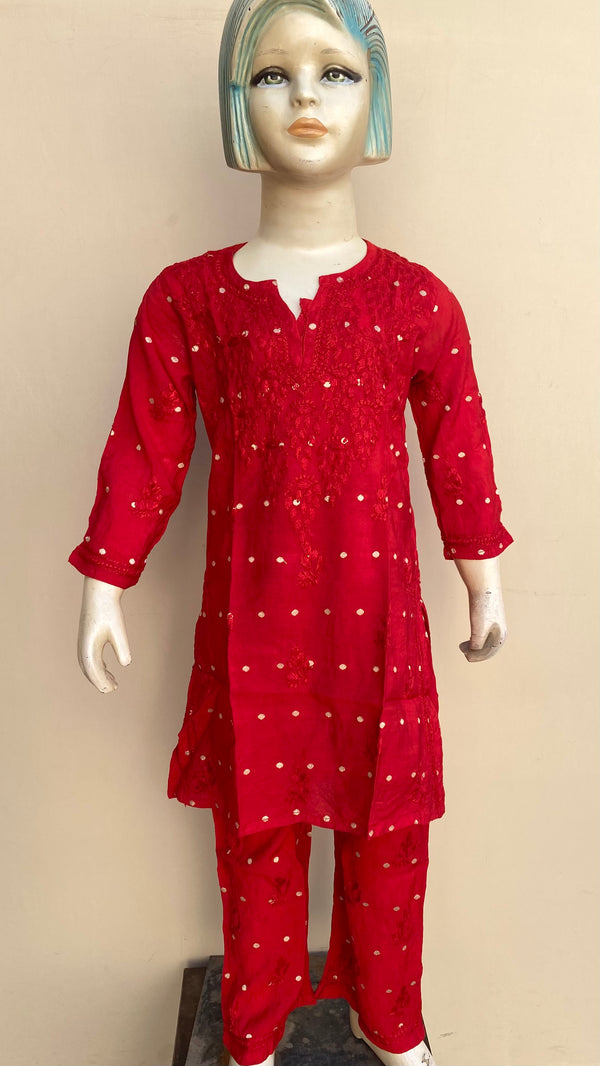 Lucknowi Chikankari Girls Suit 2 Piece Red Mal Chanderi