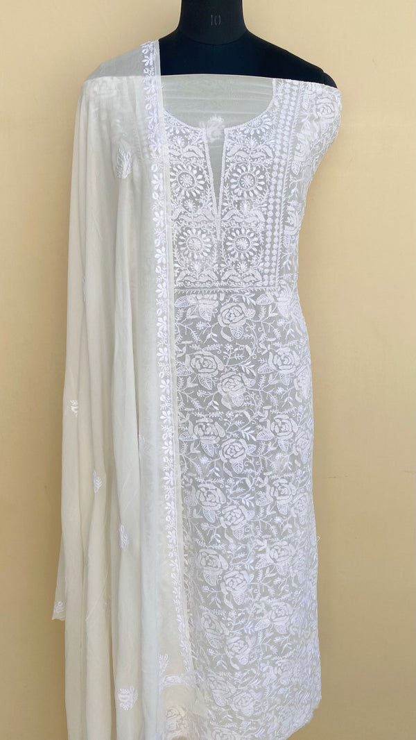 Lucknowi Chikankari Suit Length 2 Piece Off White Pure Georgette