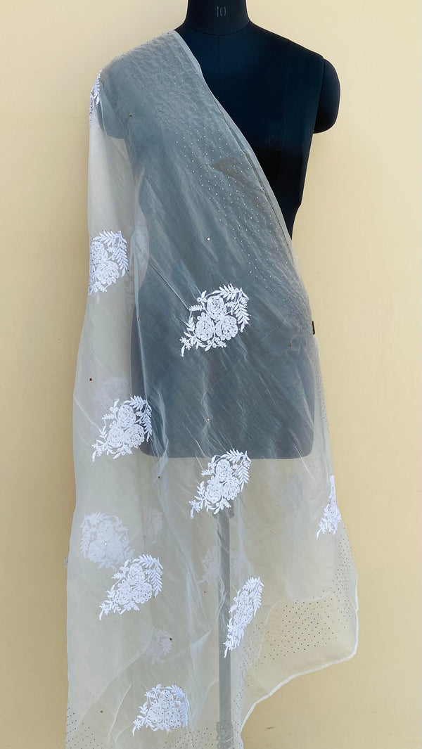 Lucknowi Chikankari Dupatta White Organza With Mukaish Work