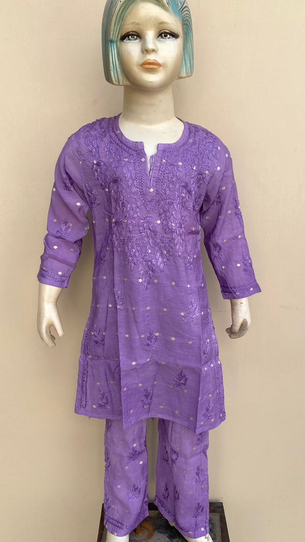 Lucknowi Chikankari Girls Suit 2 Piece Purple Mal Chanderi