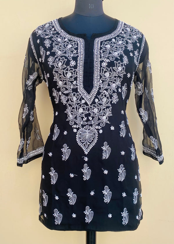 Lucknowi Chikankari Short Kurti Black Faux Georgette