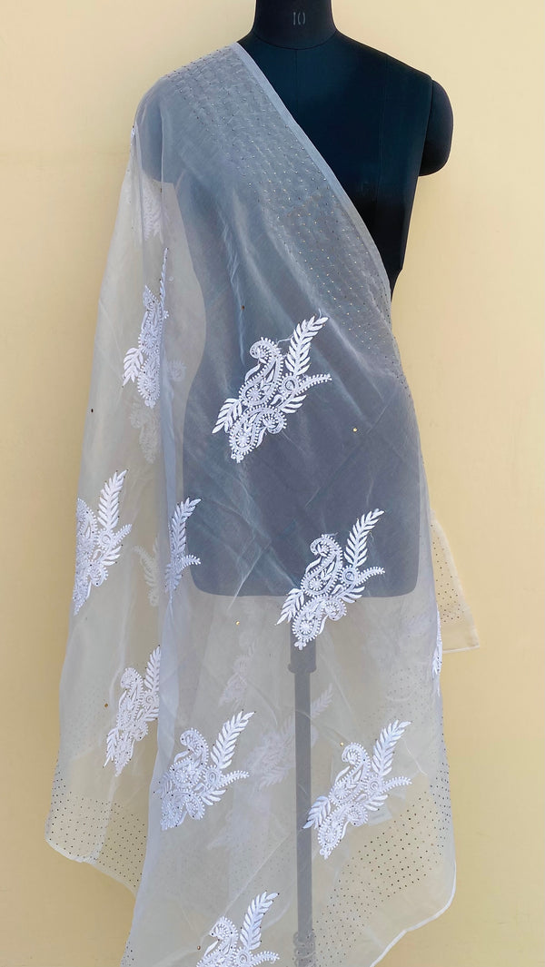 Lucknowi Chikankari Dupatta White Organza With Mukaish Work