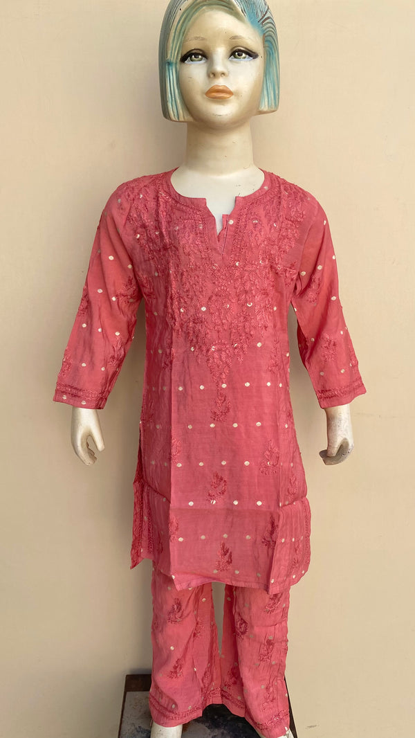 Lucknowi Chikankari Girls Suit 2 Piece Gajri Mal Chanderi