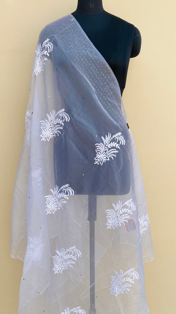 Lucknowi Chikankari Dupatta White Organza With Mukaish Work