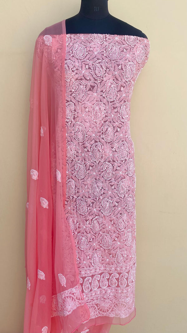 Lucknowi Chikankari Suit Length 3 Piece Peach Georgette